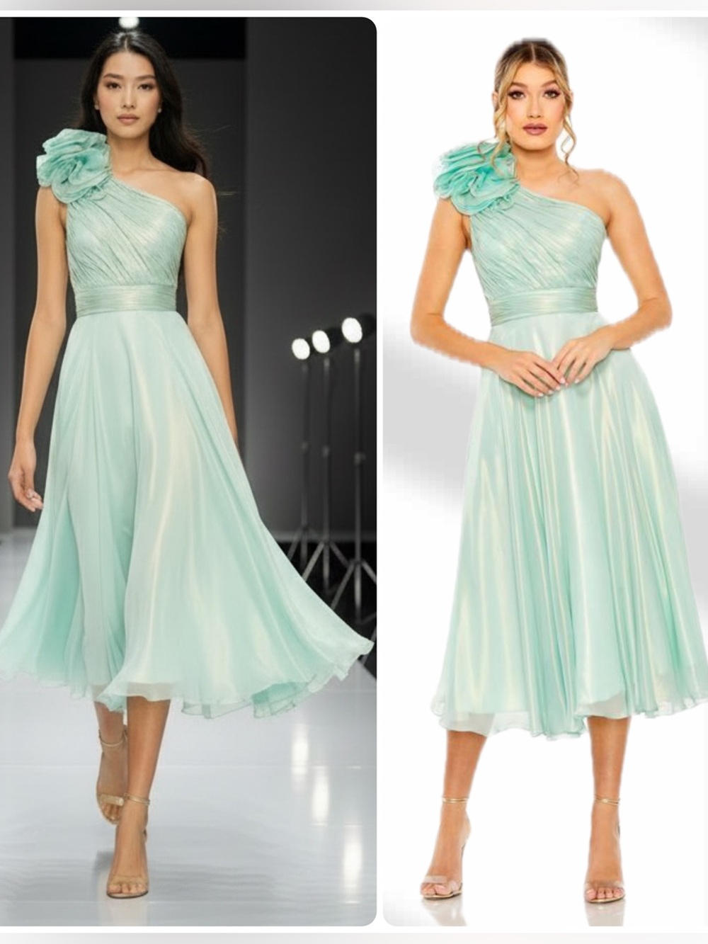 Mac Duggal Mint Green One-Shoulder Midi Dress with Floral Accent